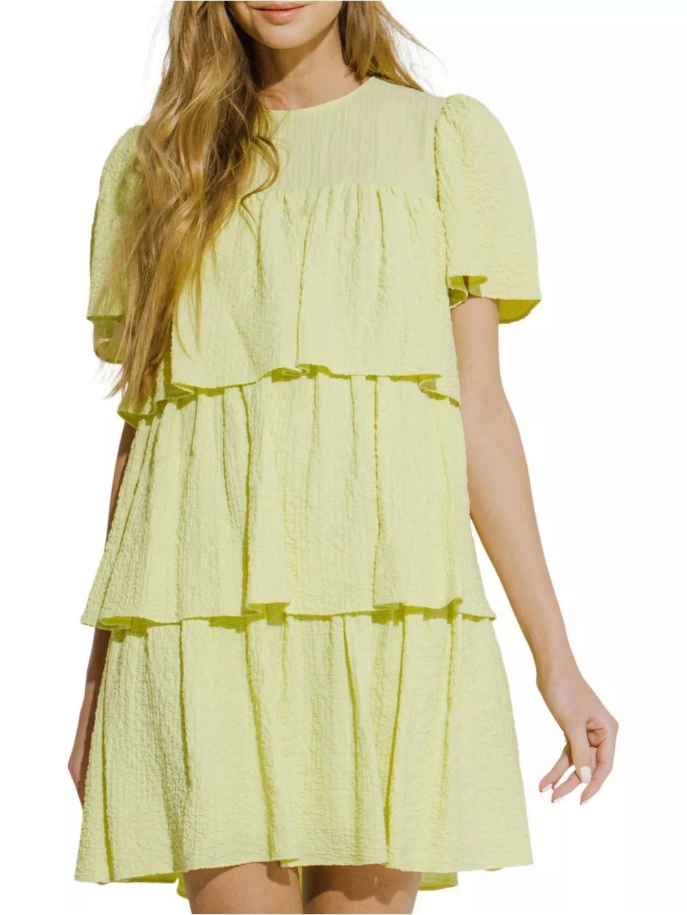 English Factory Chartreuse Yellow Textured Tiered Mini Dress Medium